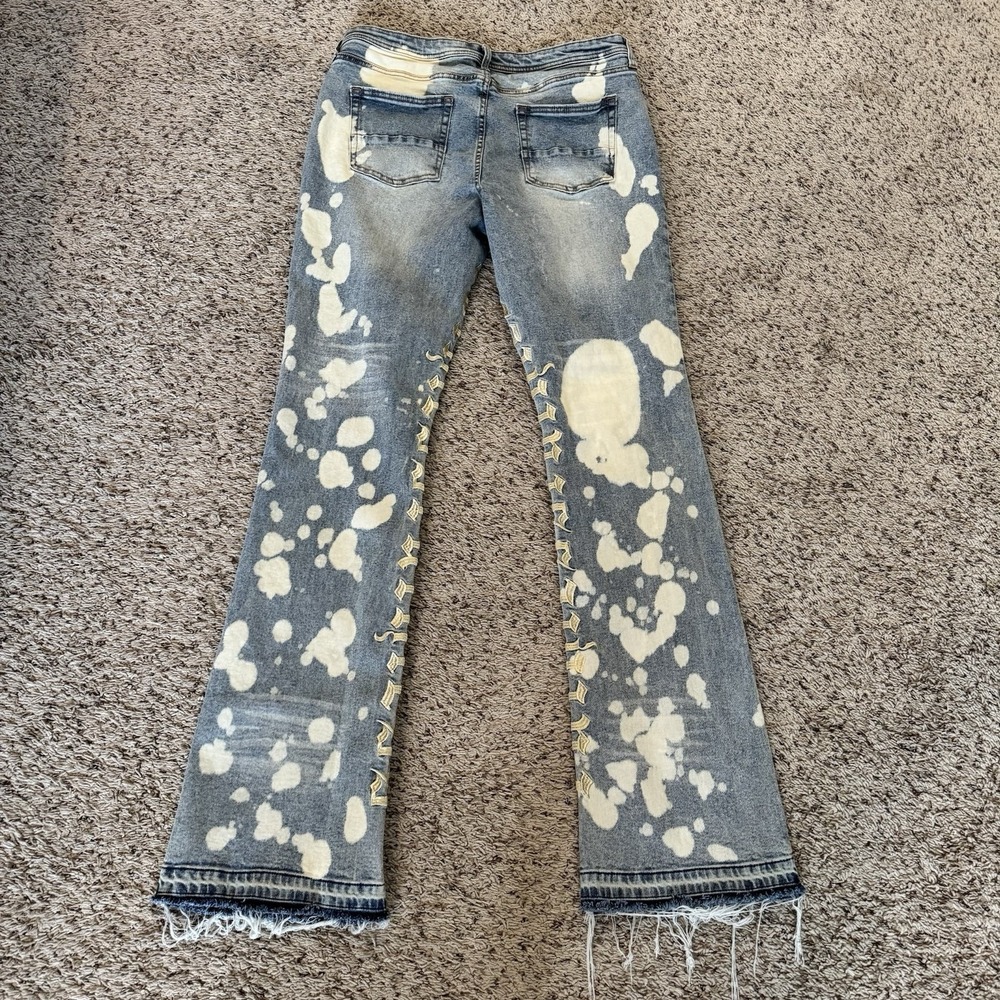 NOVA Bleached Denim Jeans Men Size 34 Embroidered Gothic Raw Hem - Picture 4 of 16